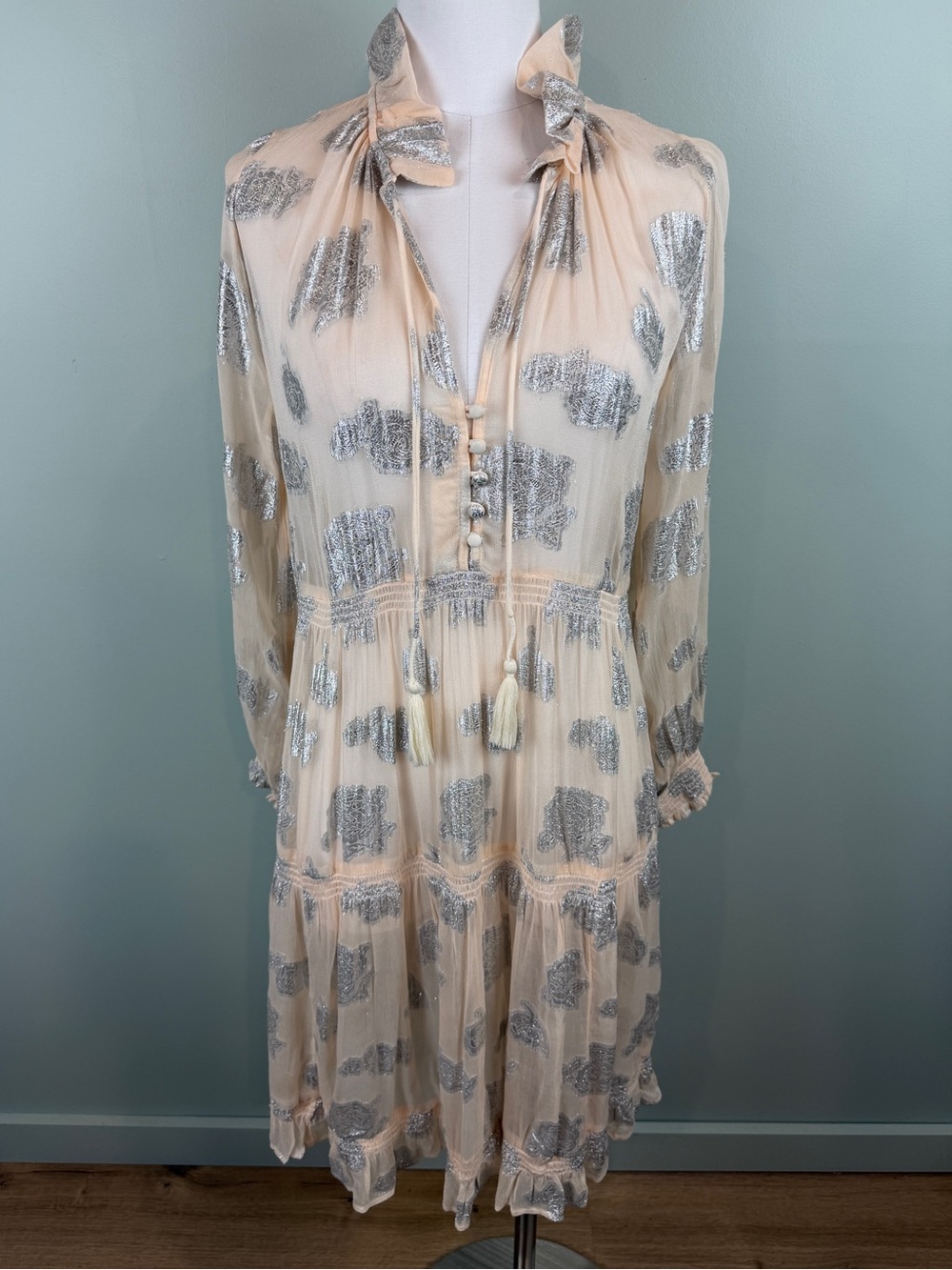 Anthropologie Blush Pink Marais Chiffon Midi Dress: Metallic Print Tiered  SP